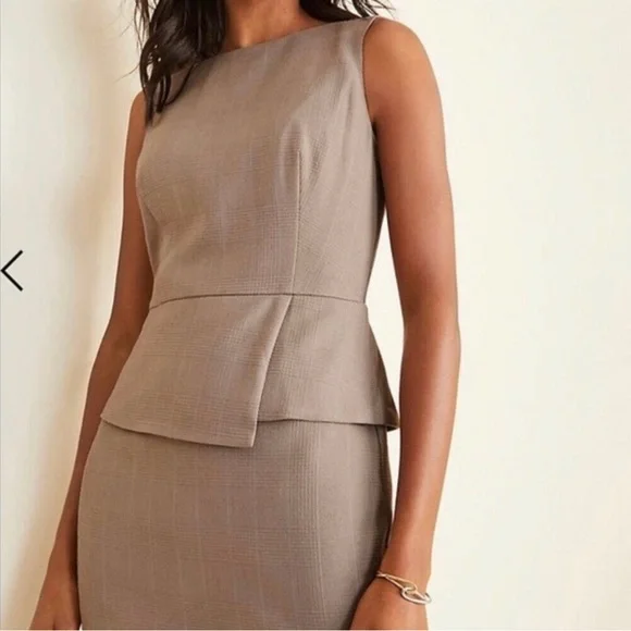 Ann Taylor Taupe Plaid Peplum Dress - Size 12 - Picture 2 of 11